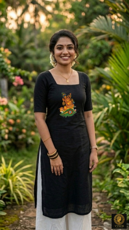 Black Krishna Mural Printed Kurti