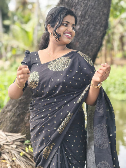 Zyara Black Partywear Saree with Golden Print